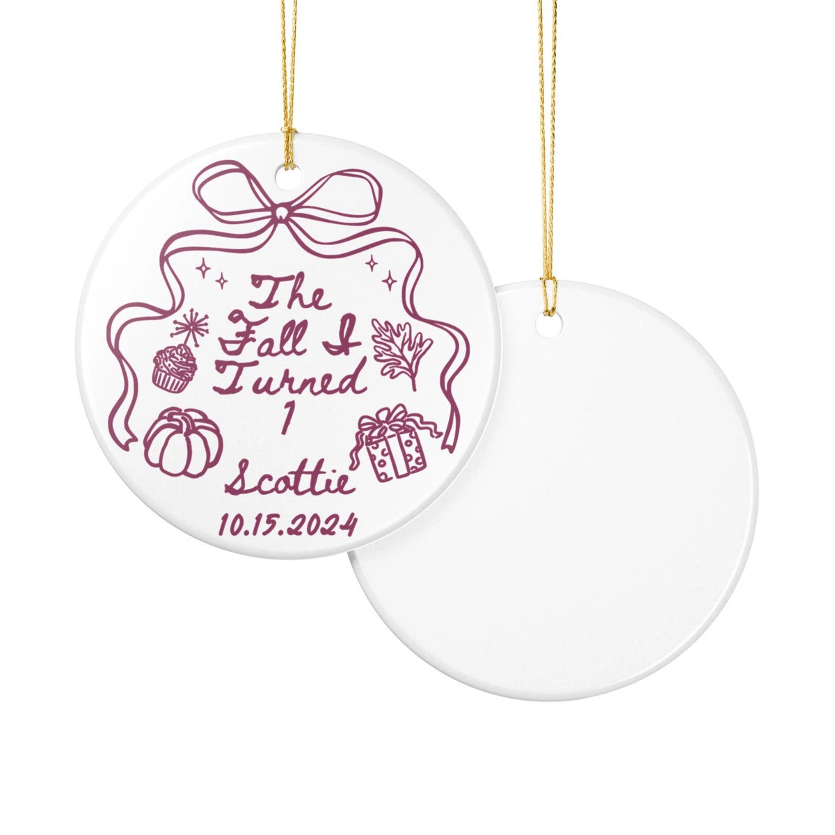 Front and back views of a Fall I Turned 1 personalized ceramic ornament.