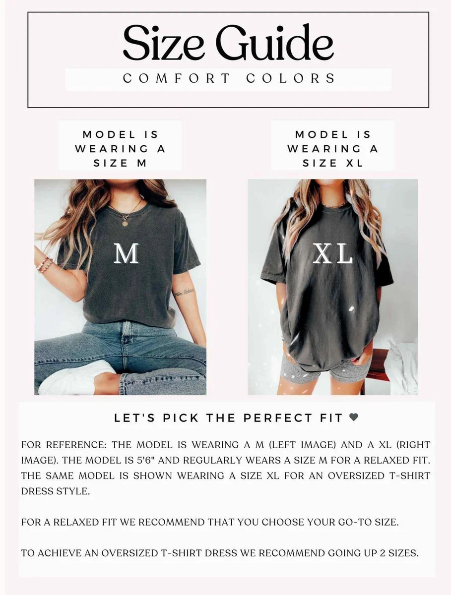 Comfort Colors 1717 T-shirt size chart showing the available adult garment measurements.