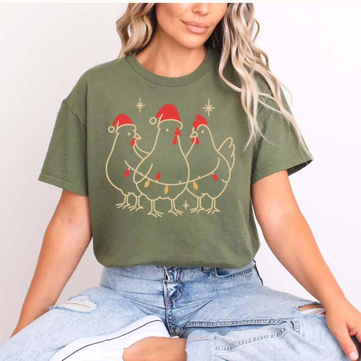 MILITARY GREEN Crewneck sweatshirt with Chicken Christmas design shown on a model.