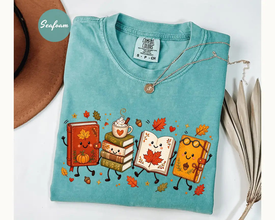 Seafoam Comfort Colors 1717 T-shirt with Cozy Book Lover Doodle design