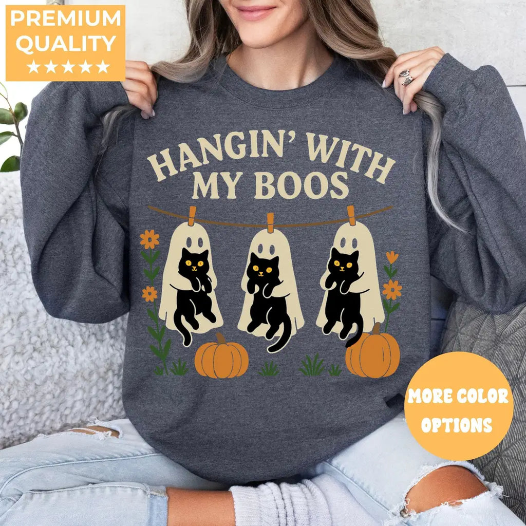 Crewneck sweatshirt with Halloween Black Cat & Ghost design, alternate product view.