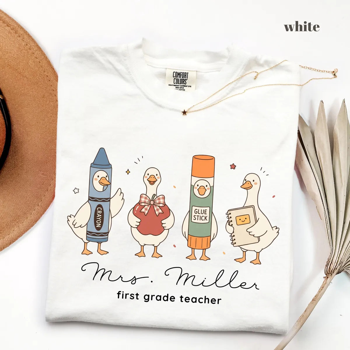 White Comfort Colors 1717 T-shirt with First Grade Teacher design