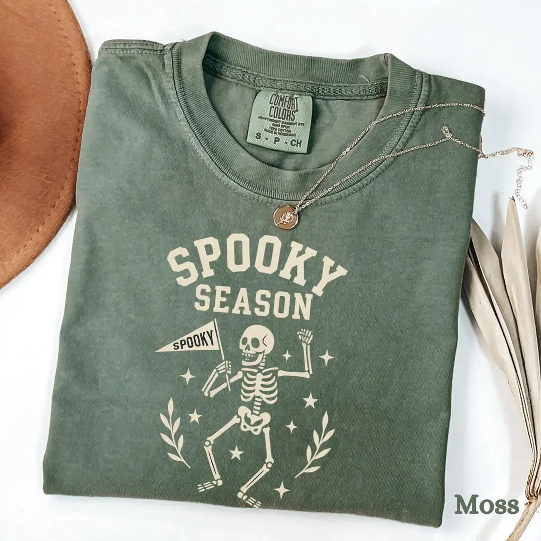 Spooky Season Skeleton - Retro Halloween Comfort Colors T-Shirt alternate product view in Moss.