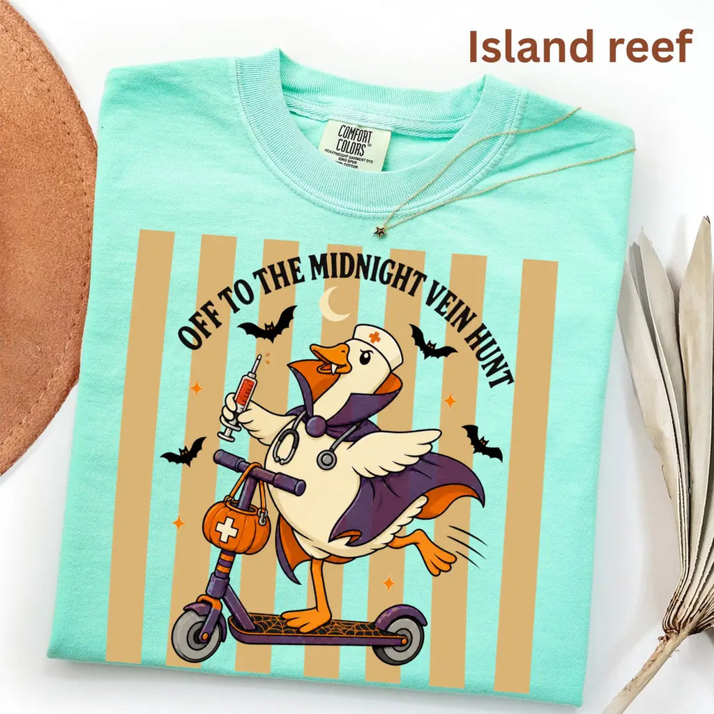Off to the Midnight Vein Hunt - Nurse Goose Halloween Comfort Colors T-Shirt alternate product view in Island Reef.