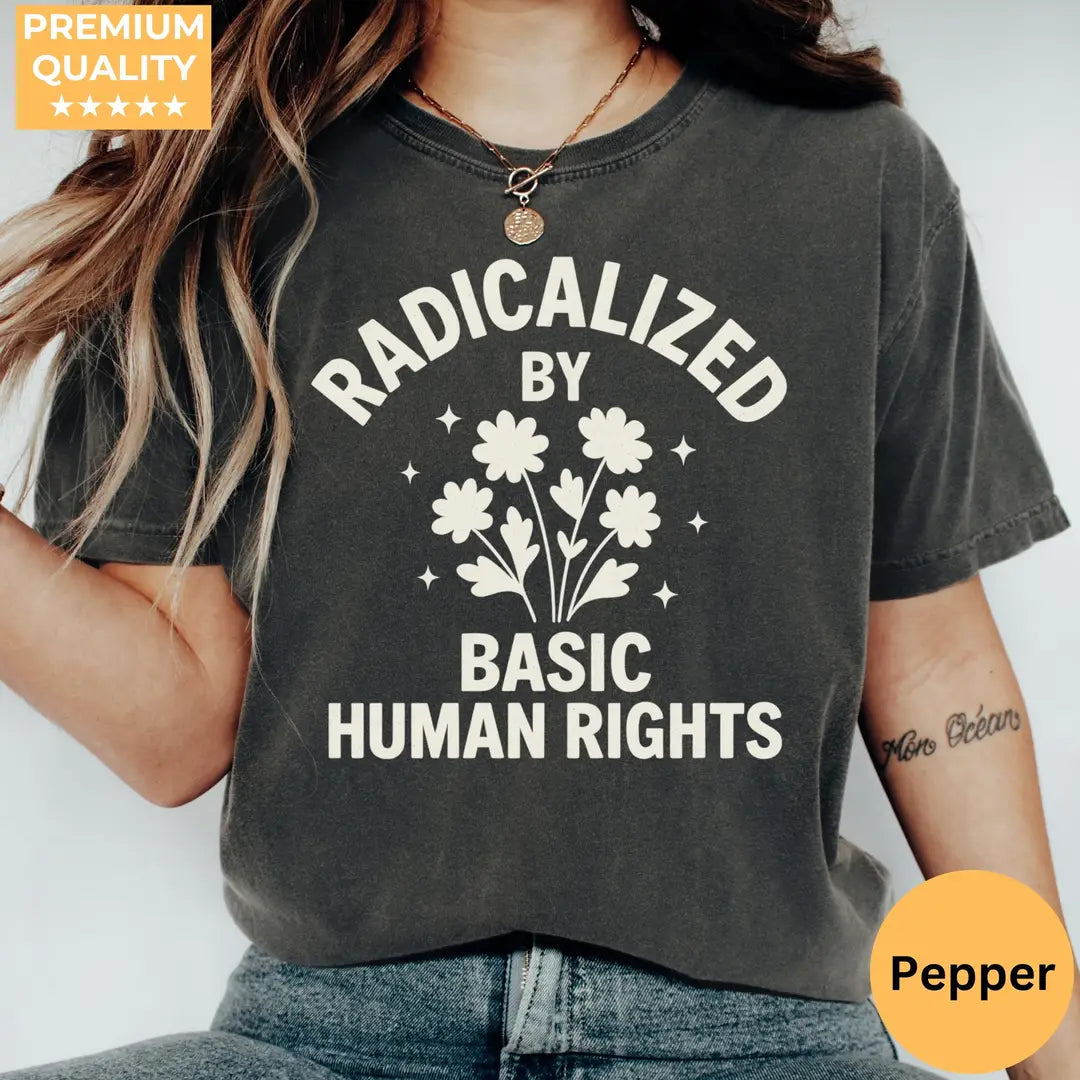 Pepper Comfort Colors 1717 T-shirt with Human Rights design, hero view.