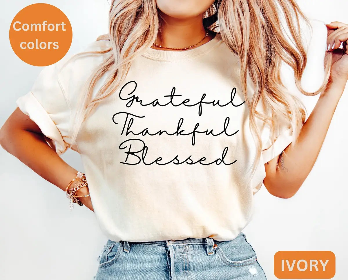 Ivory Crewneck sweatshirt with printed Thankful ® design, alternate product view.