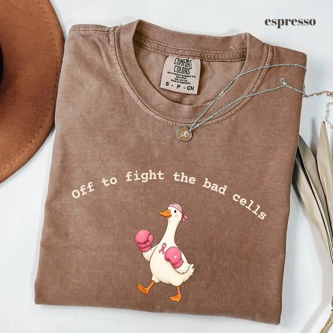 Espresso Comfort Colors 1717 T-shirt with Off To Fight The Bad Cells Goose design worn by a model