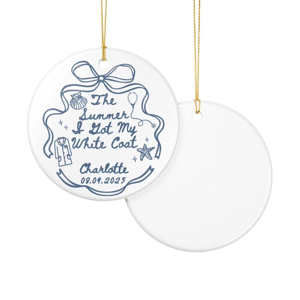 Front and back views of a White Coat Ceremony personalized ceramic ornament.