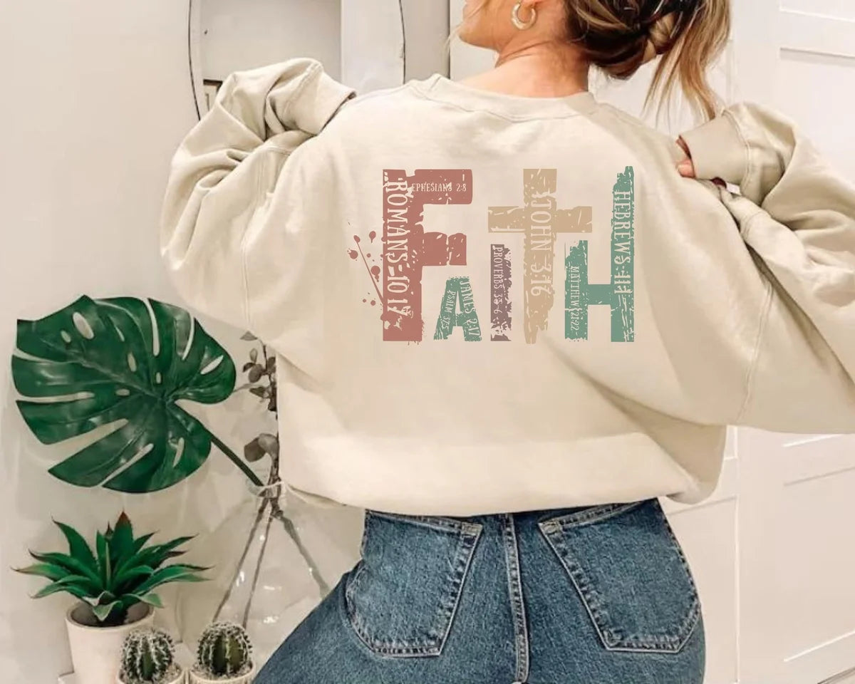 Pink Crewneck sweatshirt with Christian design, alternate product view.