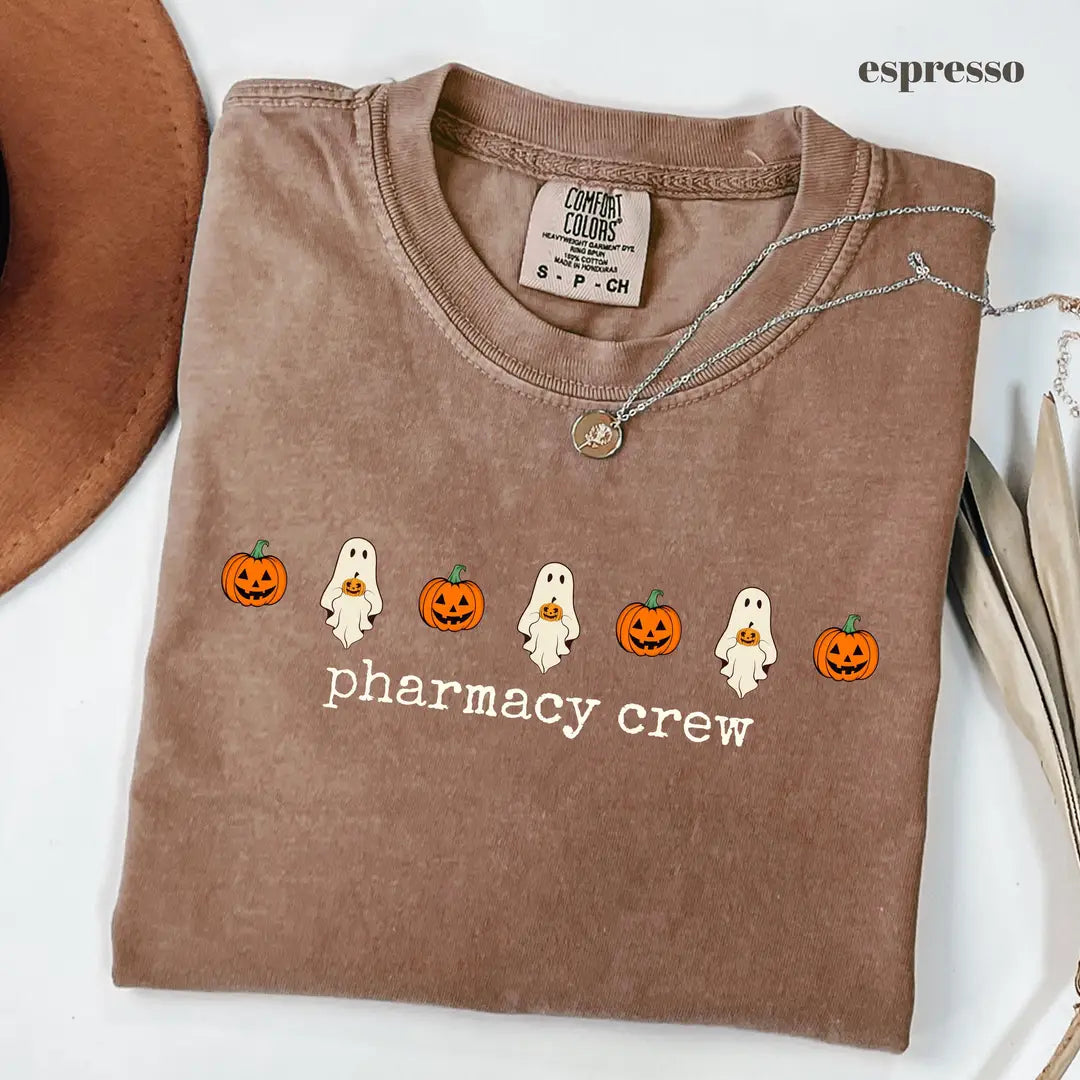 Espresso Comfort Colors 1717 T-shirt with Pharmacy Crew Halloween design