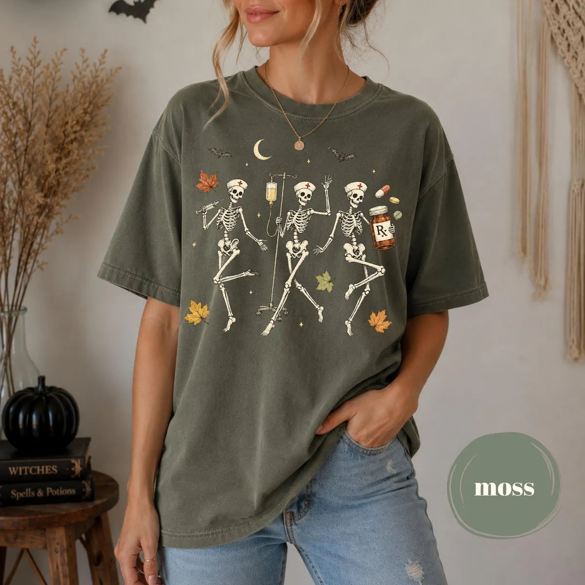 Moss Comfort Colors 1717 T-shirt with Halloween Nurse Skeleton design