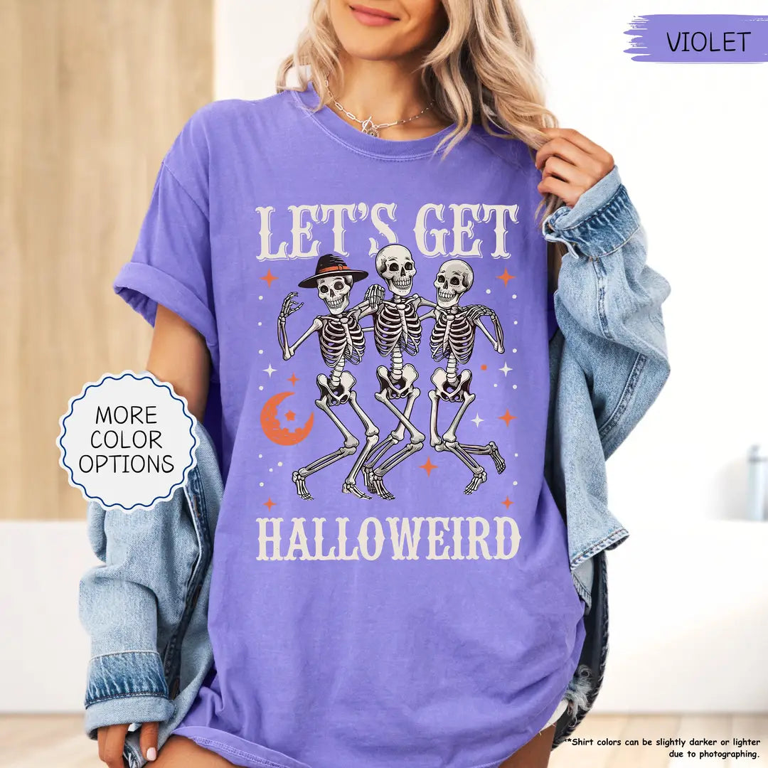 Comfort Colors 1717 T-shirt with Let's Get Halloweird Dancing Skeletons design worn by a model