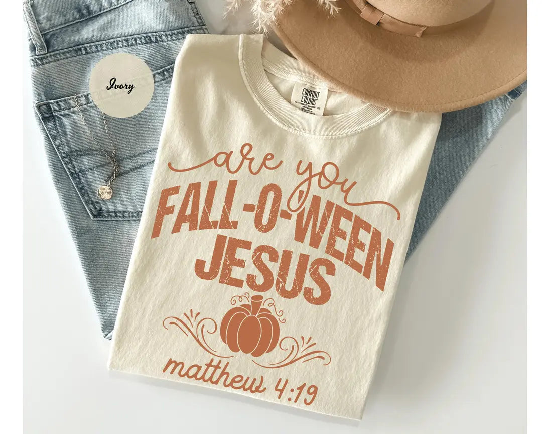 Ivory Comfort Colors 1717 T-shirt with Are You Fall-O-Ween Jesus design