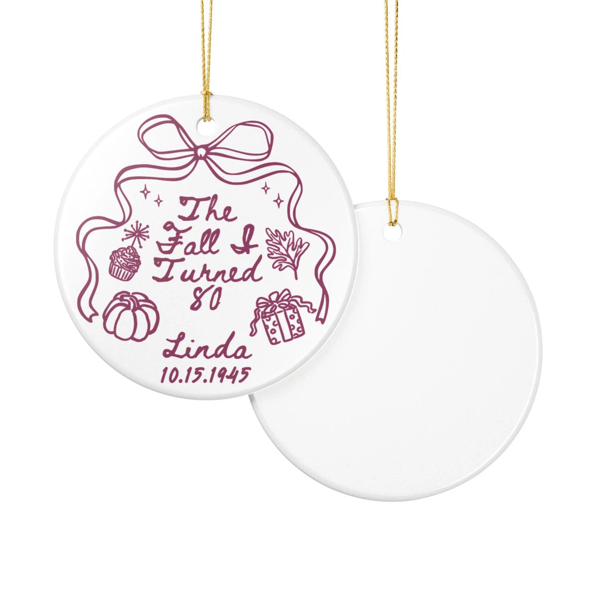 Front and back views of a Fall I Turned 80 personalized ceramic ornament.