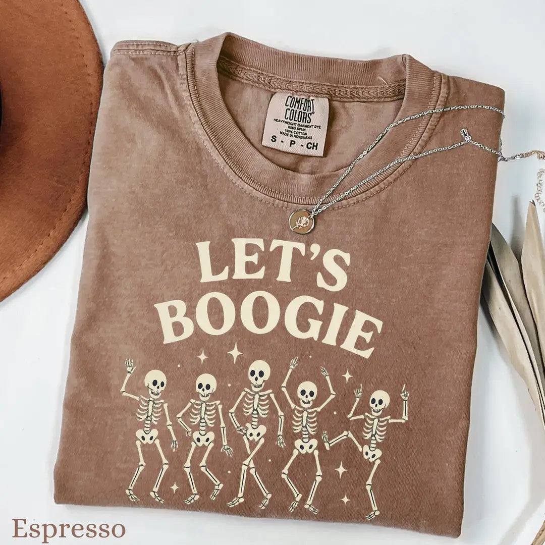 Let's Boogie Skeletons - Retro Halloween Comfort Colors T-Shirt alternate product view in Espresso.