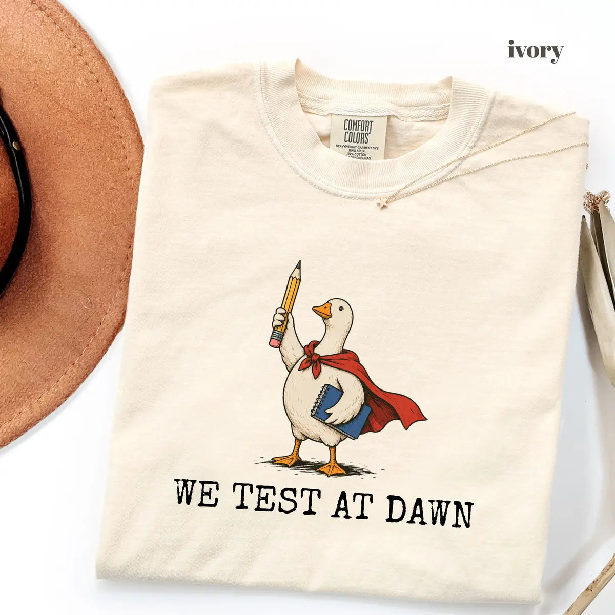 Ivory Comfort Colors 1717 T-shirt with We Test at Dawn Teacher design worn by a model