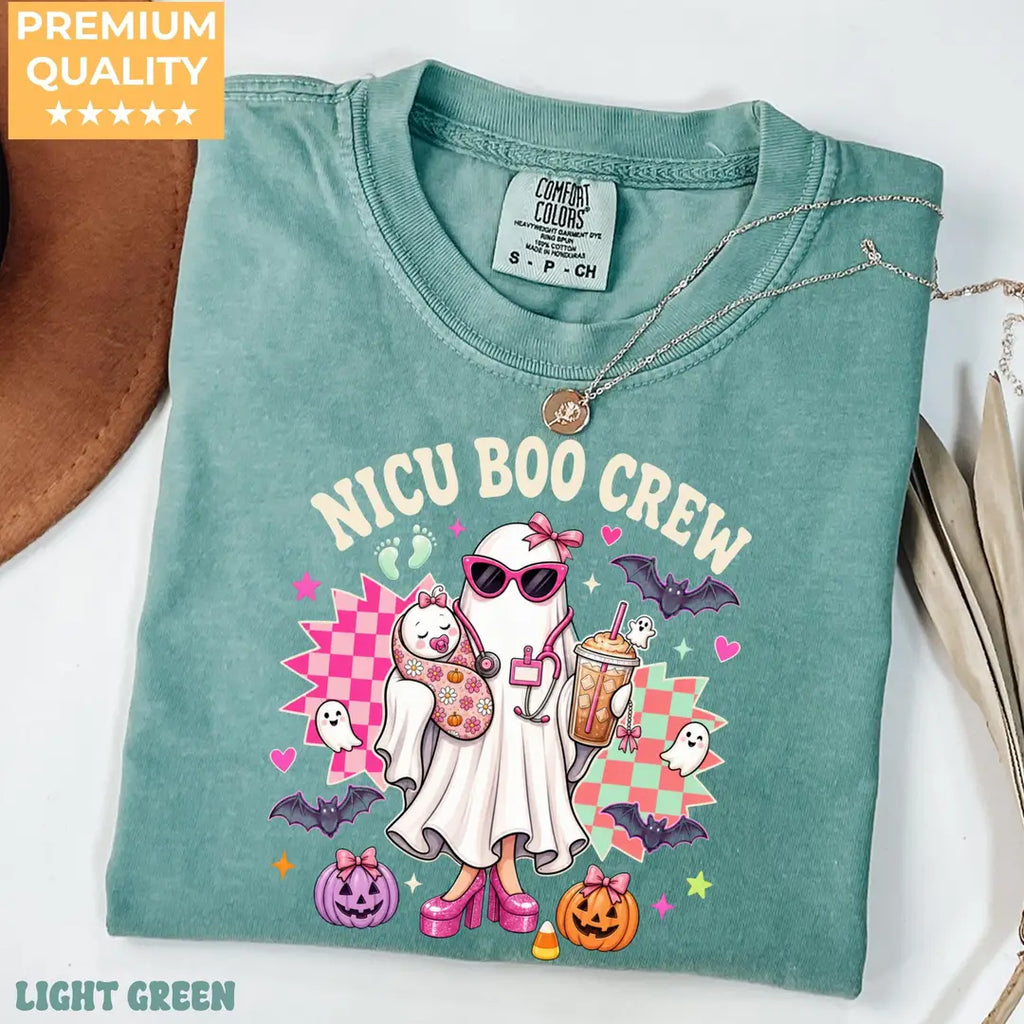NICU Boo Crew Halloween Comfort Colors T-Shirt alternate product view in Light Green.