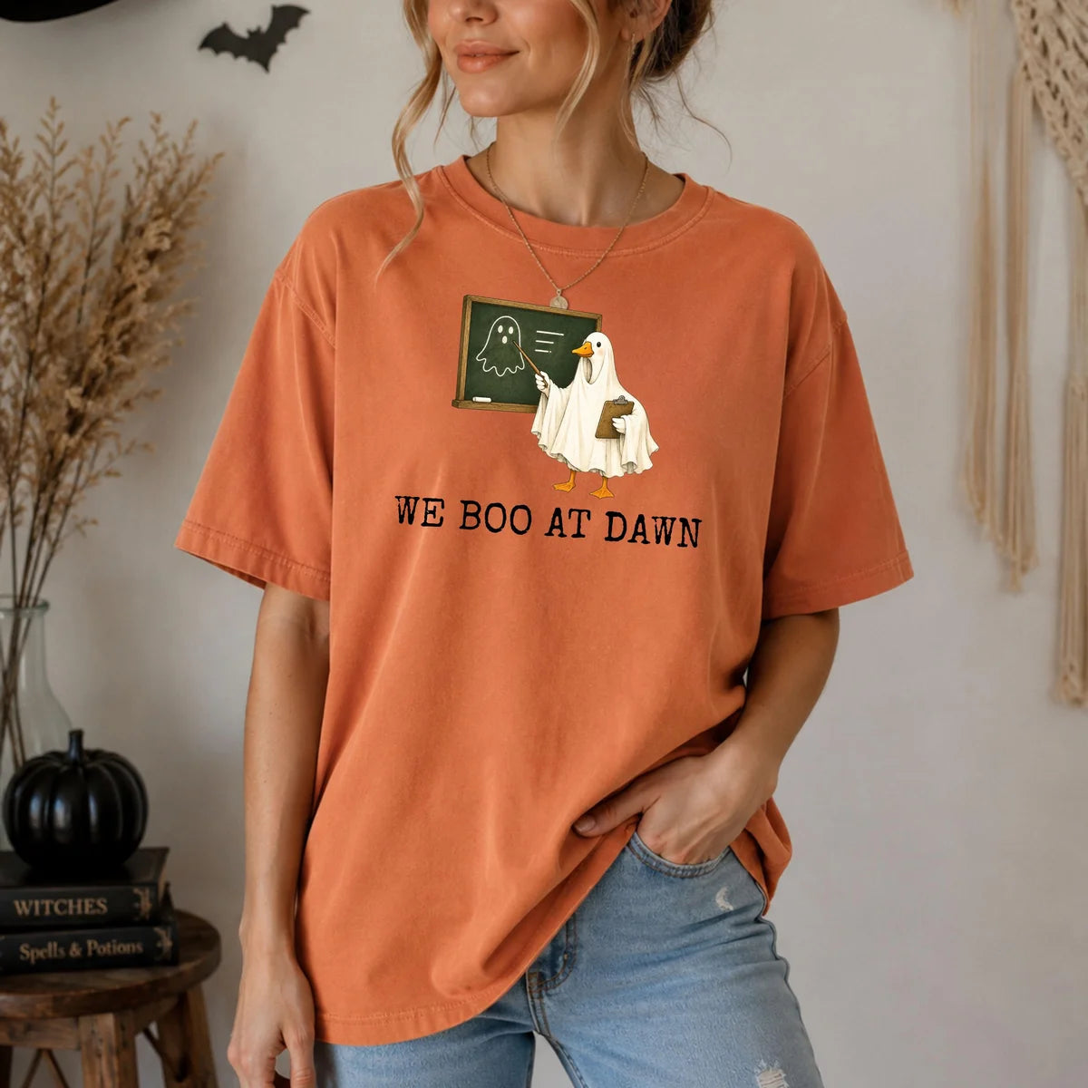 Comfort Colors 1717 T-shirt with We Boo At Dawn Goose design worn by a model view 2