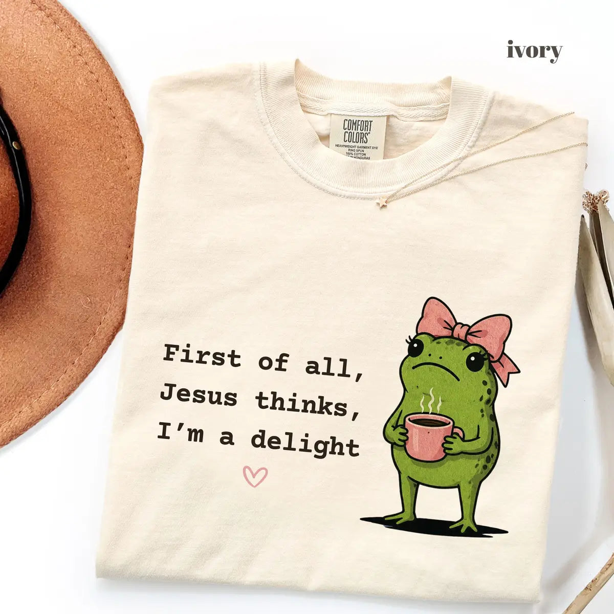 Ivory Comfort Colors 1717 T-shirt with First of All Jesus Thinks Im a Delight design worn by a model