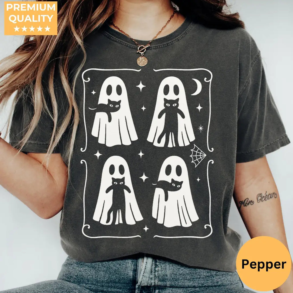 Black Cats Under Ghost Sheets - Halloween Comfort Colors T-Shirt hero view in Pepper.