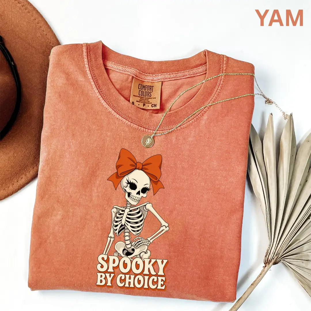 Spooky By Choice Skeleton Comfort Colors T-Shirt alternate product view in Yam.