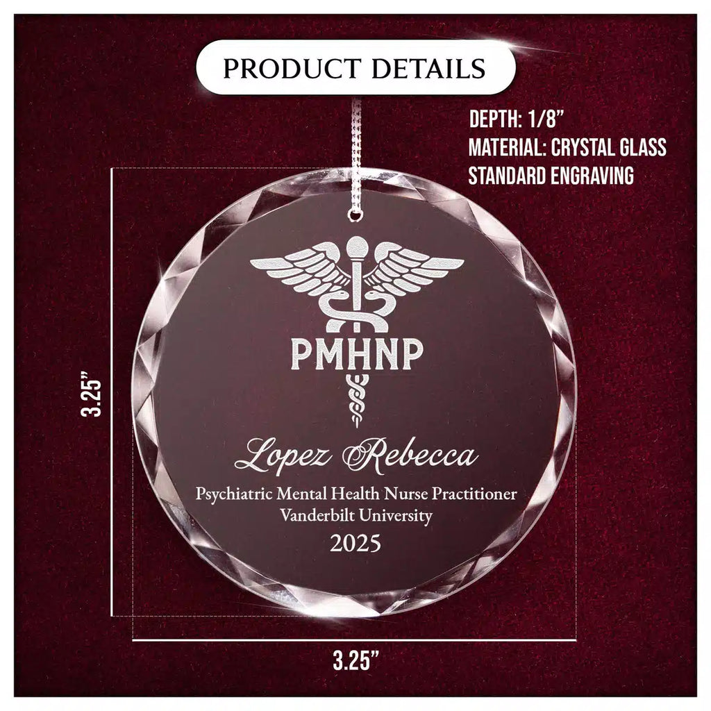 Product details card for a personalized engraved engraved crystal glass ornament, showing crystal glass construction, engraving, and a 3.25-inch size.
