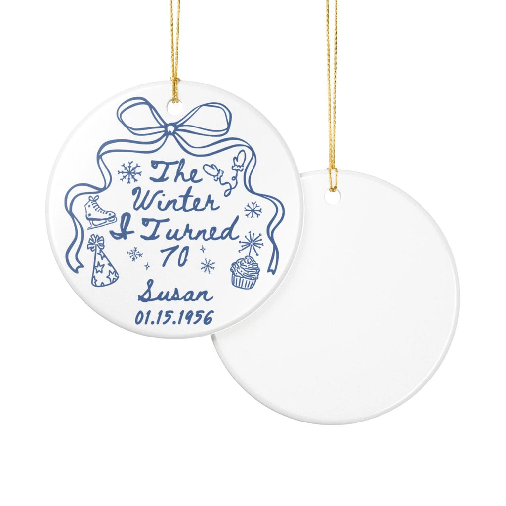 Front and back views of a Winter I Turned 70 personalized ceramic ornament.