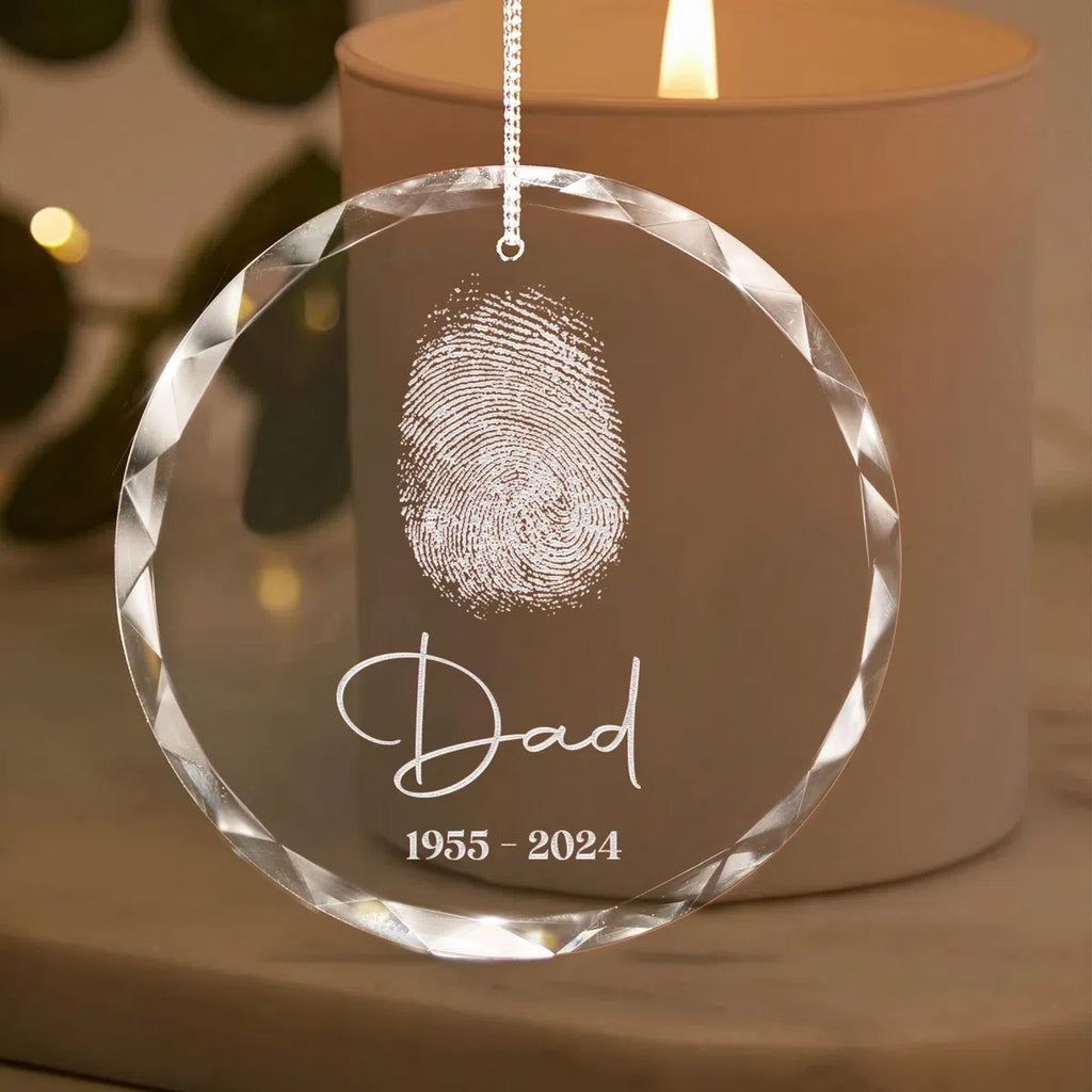 Additional view of a Fingerprint Memorial personalized engraved engraved crystal glass ornament.