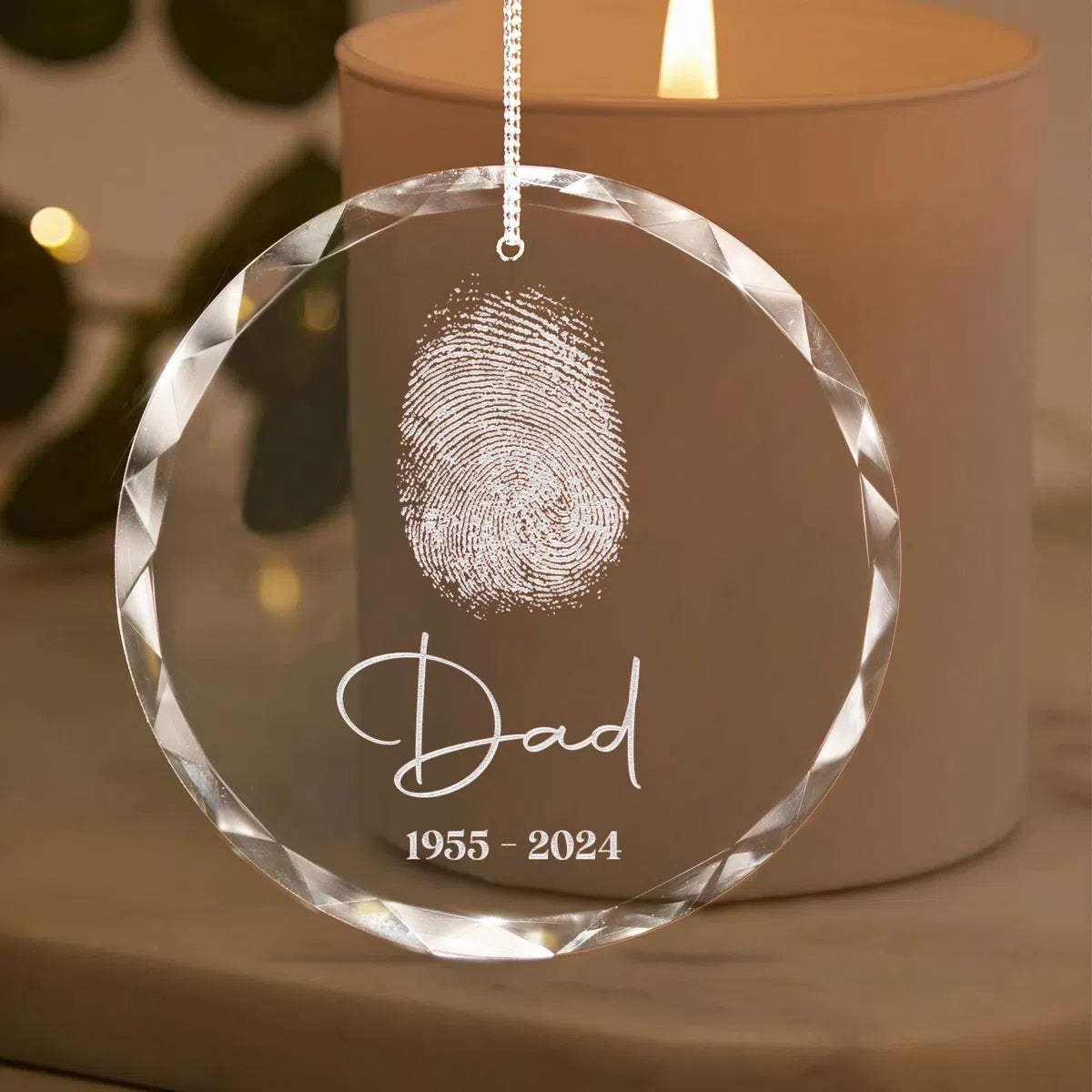 Additional view of a Fingerprint Memorial personalized engraved engraved crystal glass ornament.