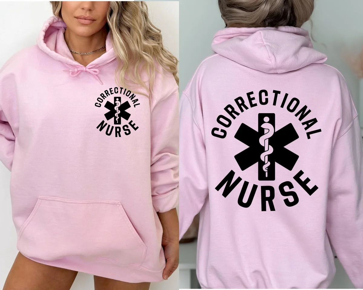 Crewneck sweatshirt with printed Corrections Nurse design, alternate product view.
