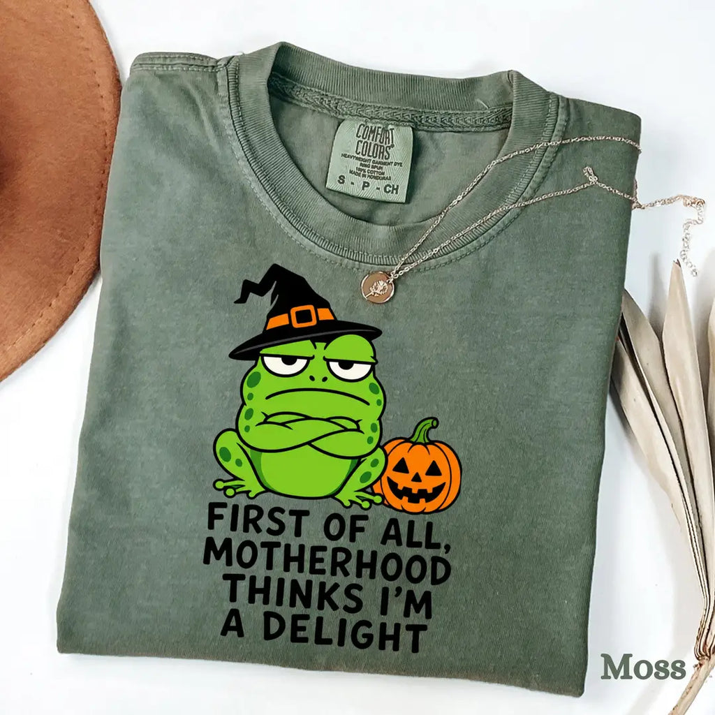 First of All Motherhood Thinks I'm a Delight - Frog Mom Comfort Colors T-Shirt alternate product view.