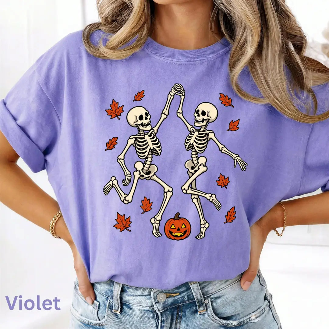 Dancing Skeleton Couple Comfort Colors T-Shirt alternate product view in Violet.