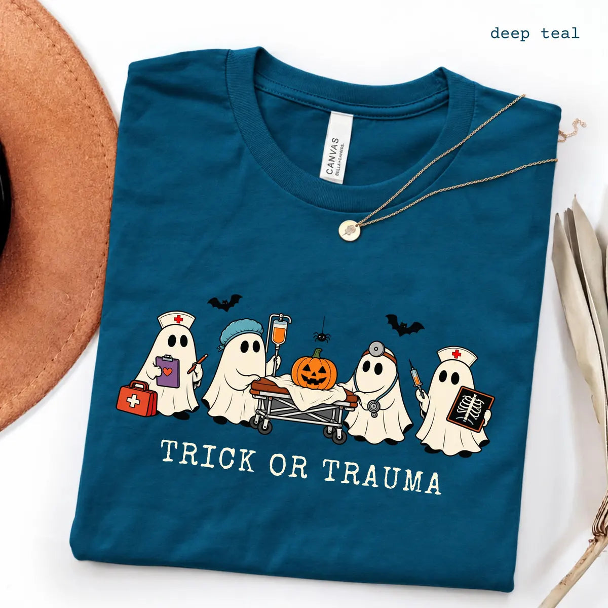 Deep Teal Bella Canvas 3001 T-shirt with Halloween Nurse design