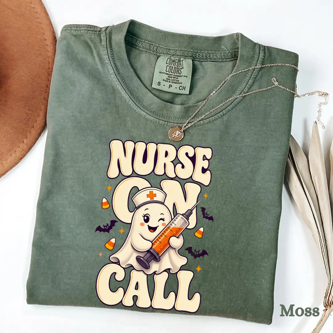 Nurse On Call Halloween Comfort Colors T-Shirt alternate product view in Moss.
