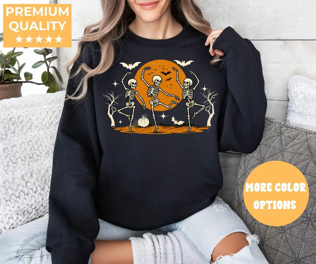 Black Crewneck sweatshirt with printed Dancing Skeleton Vintage Skull design, alternate product view.