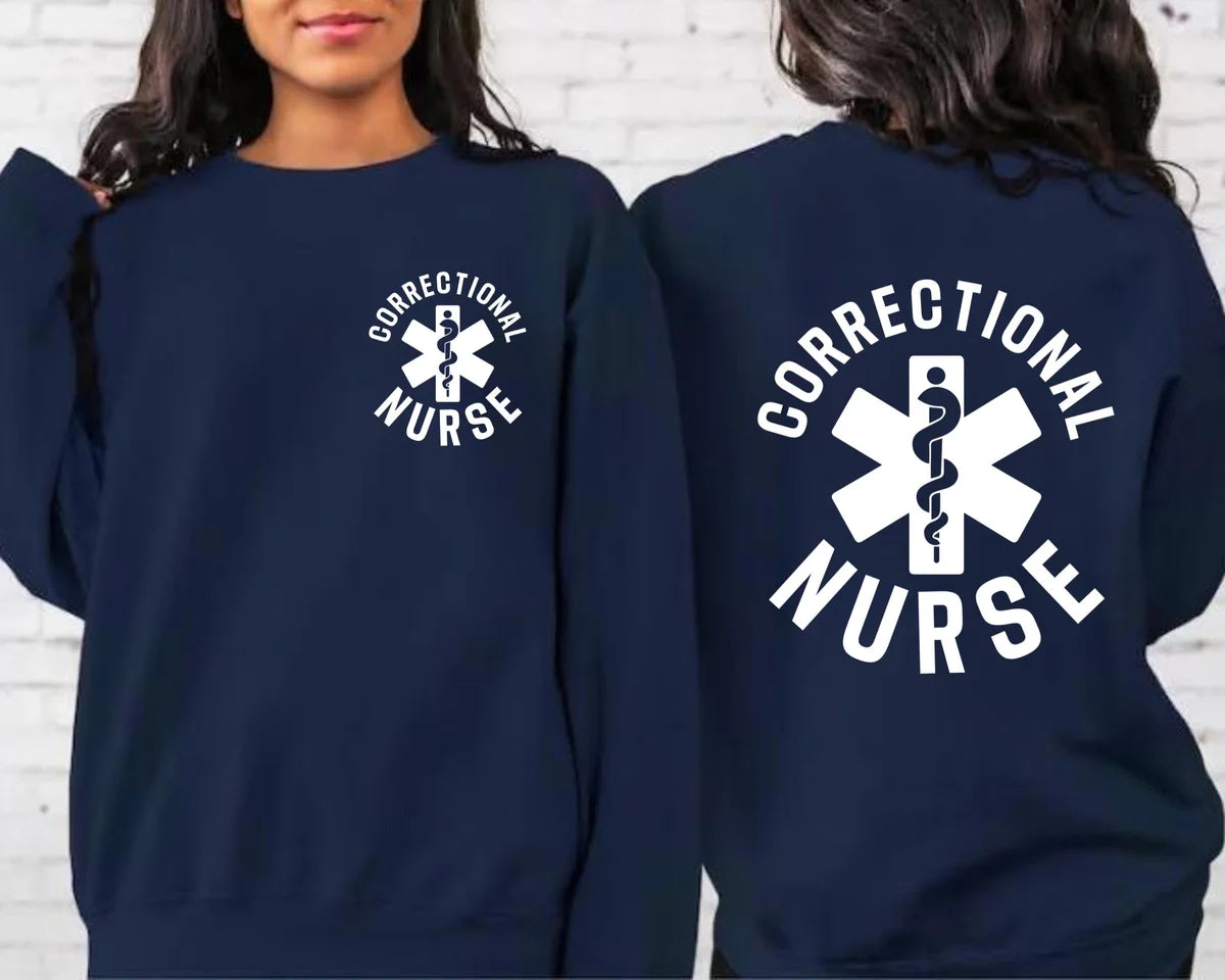 Crewneck sweatshirt with printed Corrections Nurse design, alternate product view.