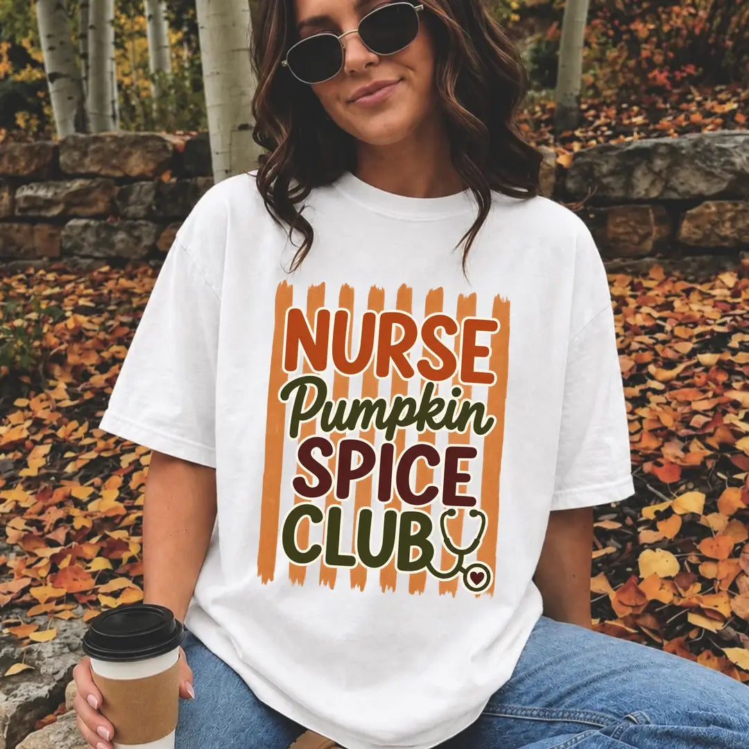 White Comfort Colors 1717 T-shirt with Nurse Pumpkin Spice design