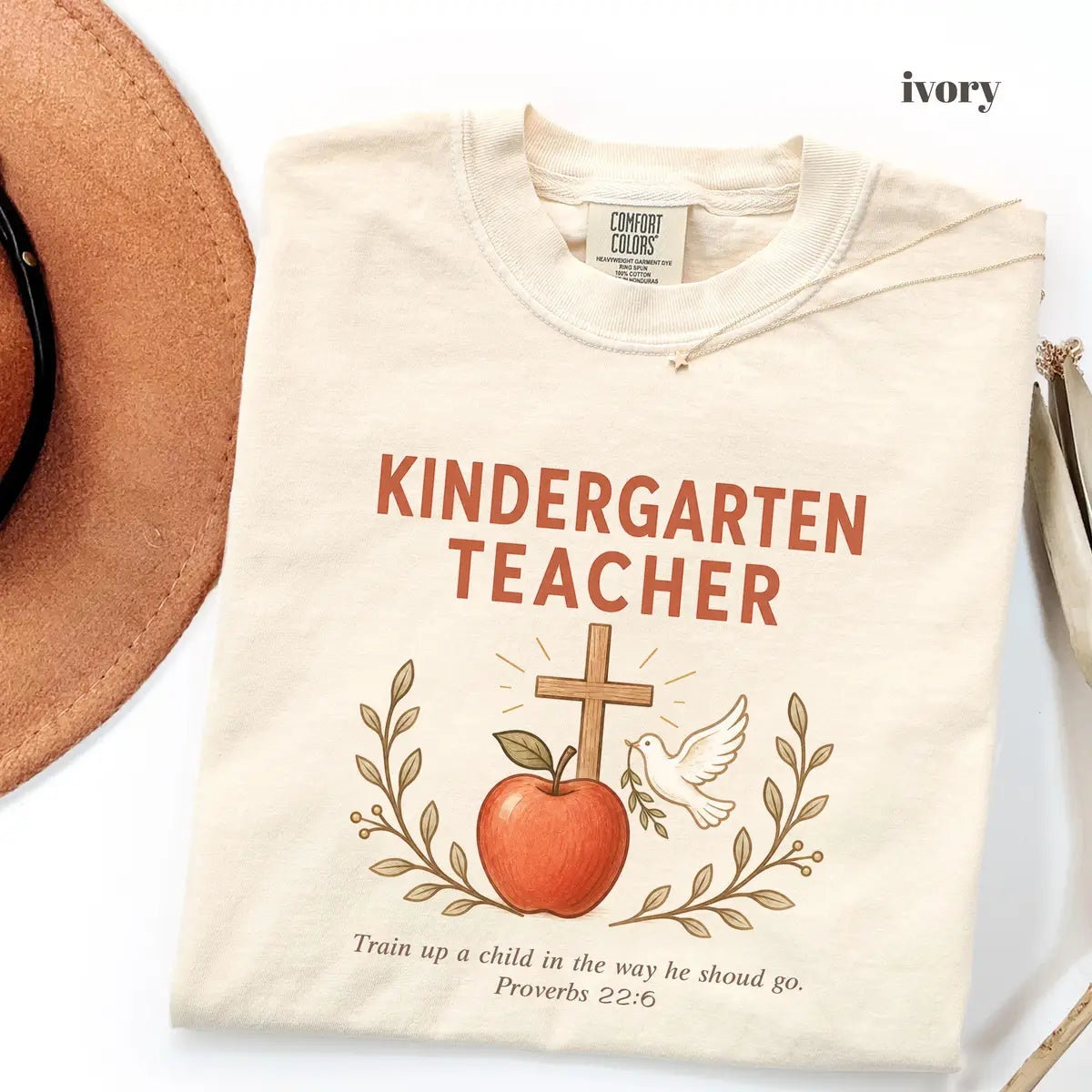 Ivory Comfort Colors 1717 T-shirt with Christian Kindergarten Teacher design