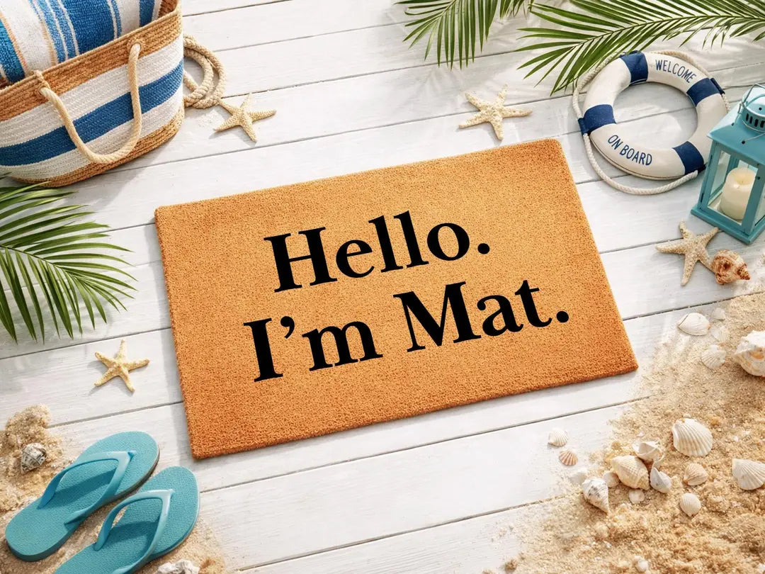 Coir doormat with a Hello I'm Mat message styled with a beach bag, sandals, shells, and starfish