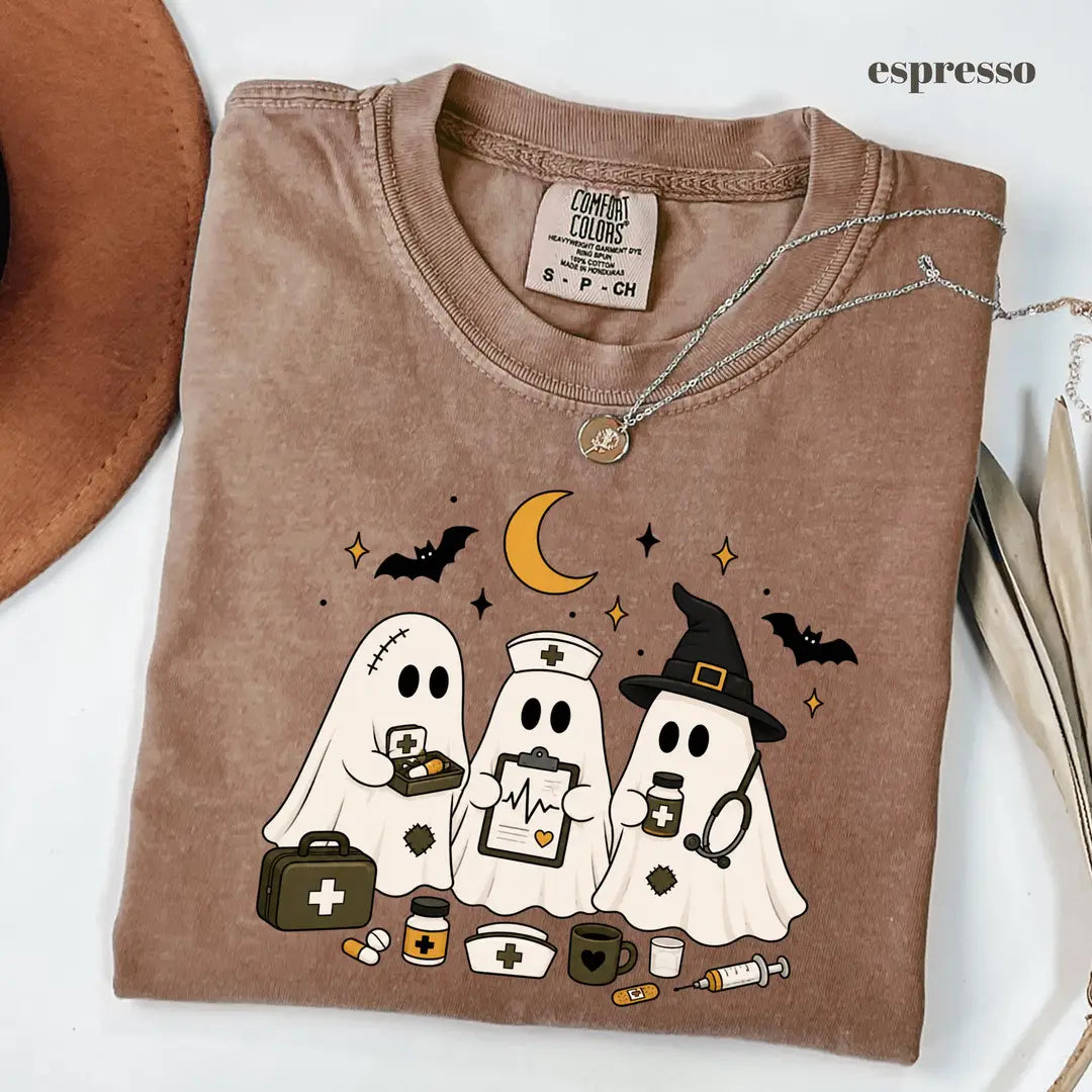 Espresso Comfort Colors 1717 T-shirt with Ghost Nurse Halloween design