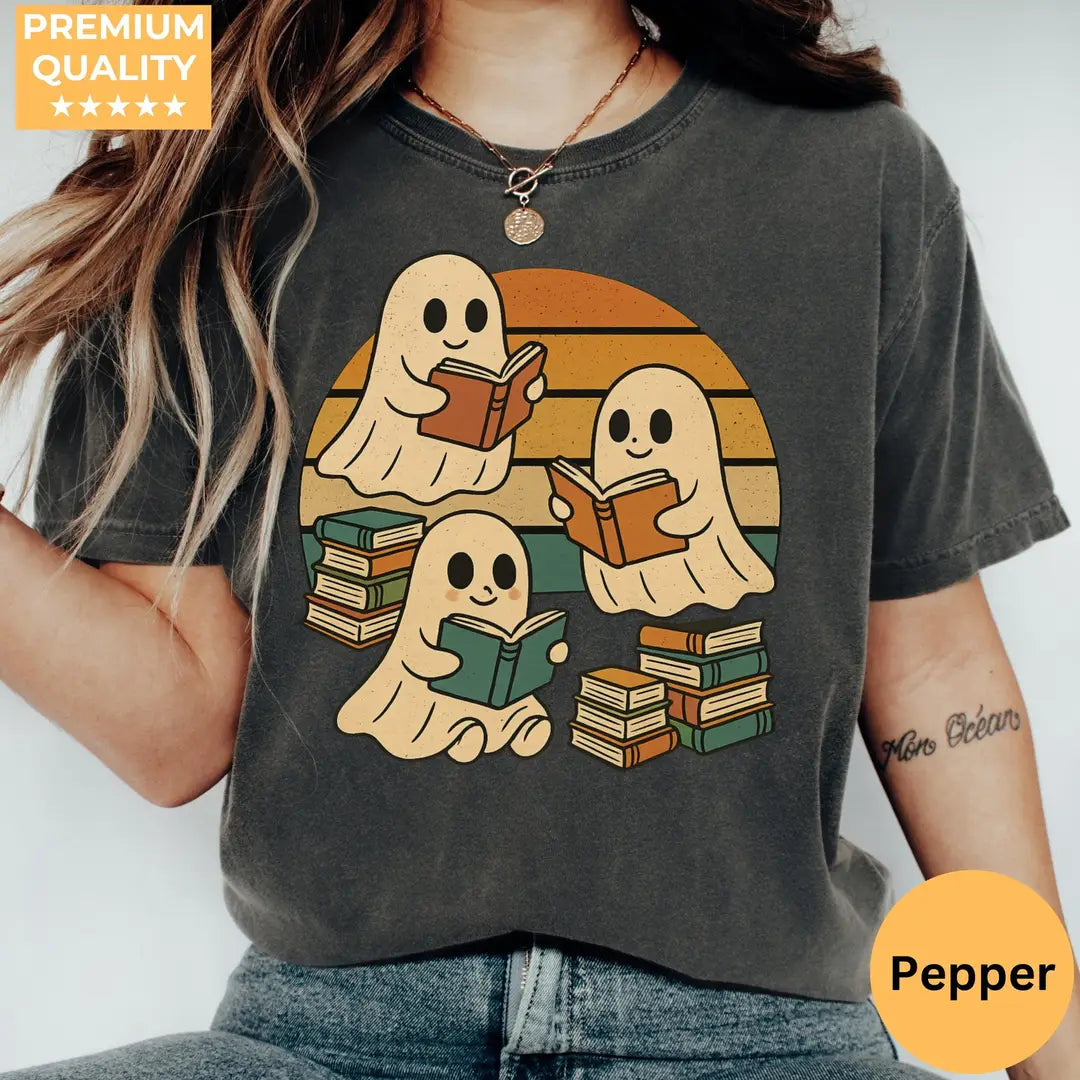 Three Ghosts Reading Books - Bookish Halloween Comfort Colors T-Shirt hero view in Pepper.