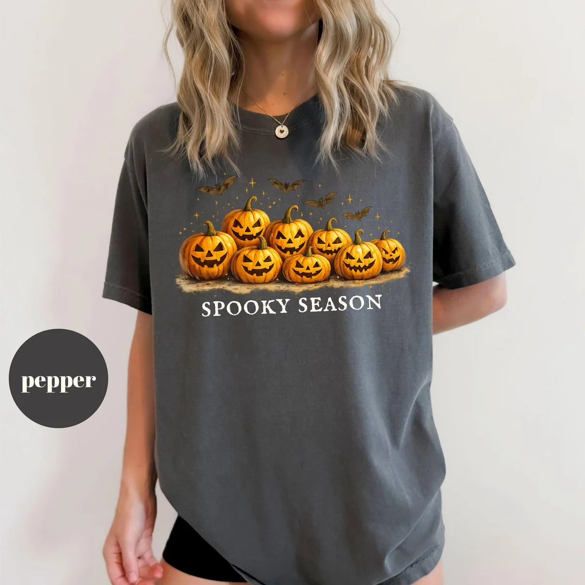 Pepper Comfort Colors 1717 T-shirt with Spooky Season Pumpkin design