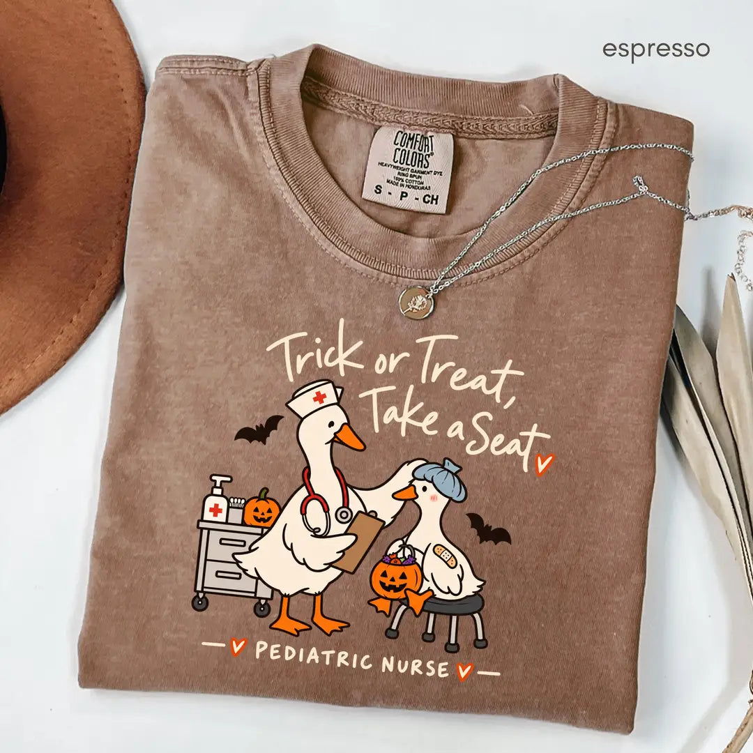 Espresso Comfort Colors 1717 T-shirt with Pediatric Nurse Halloween design