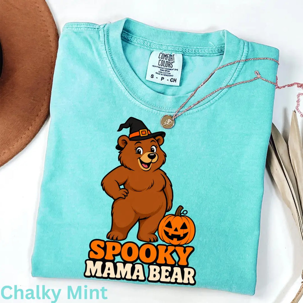 Spooky Mama Bear Halloween Comfort Colors T-Shirt alternate product view in Chalky Mint.