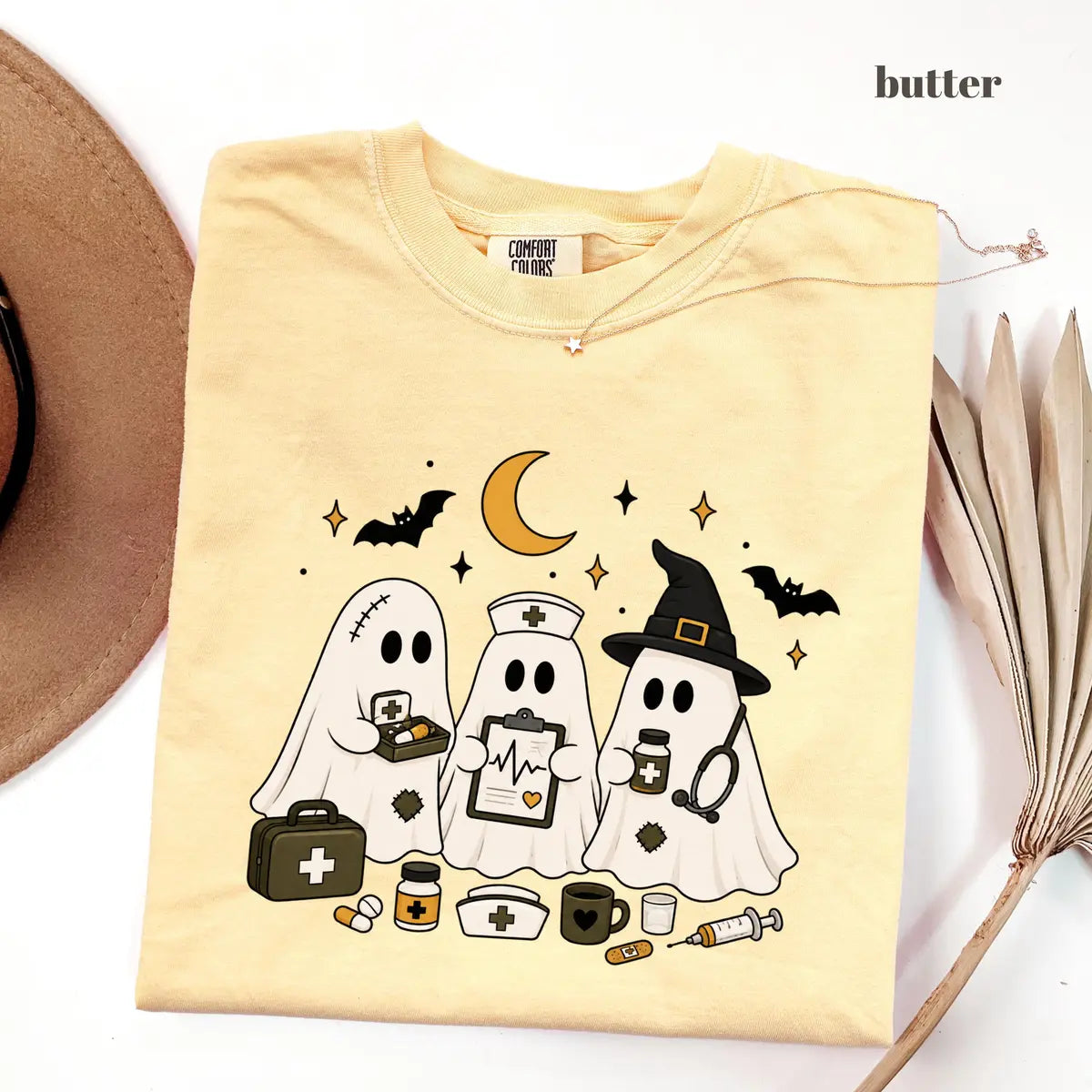 Butter Comfort Colors 1717 T-shirt with Ghost Nurse Halloween design