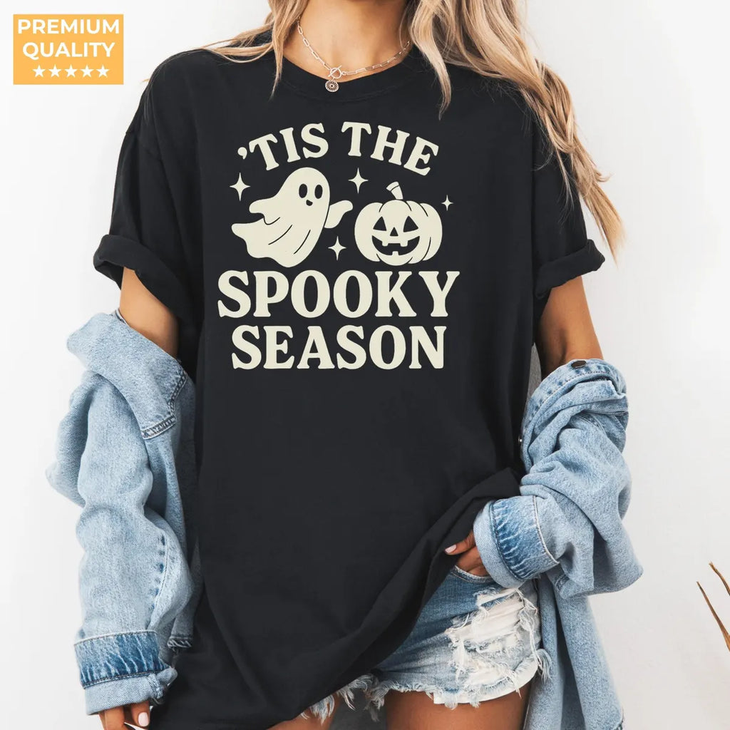 'Tis the Spooky Season - Ghost Pumpkin Comfort Colors T-Shirt alternate product view in Black.
