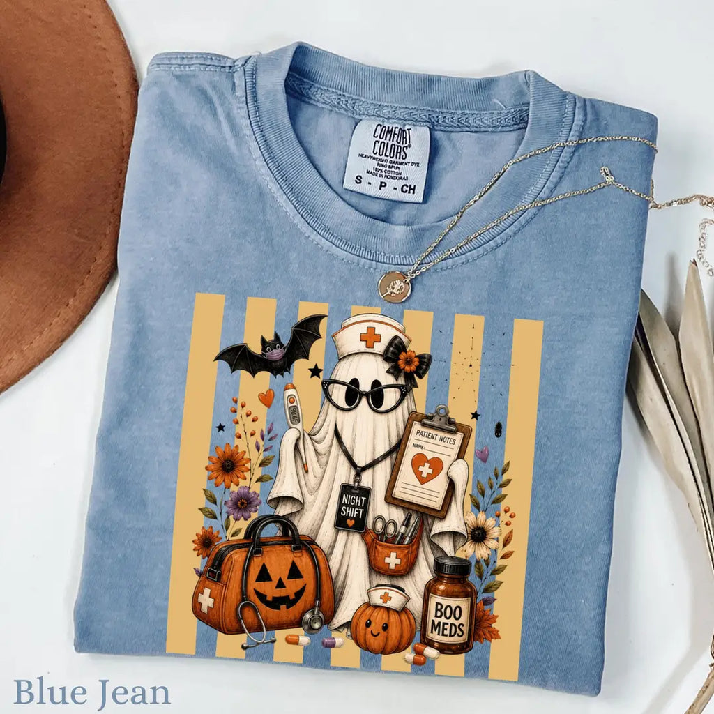 Night Shift Nurse Halloween Comfort Colors T-Shirt alternate product view in Blue Jean.