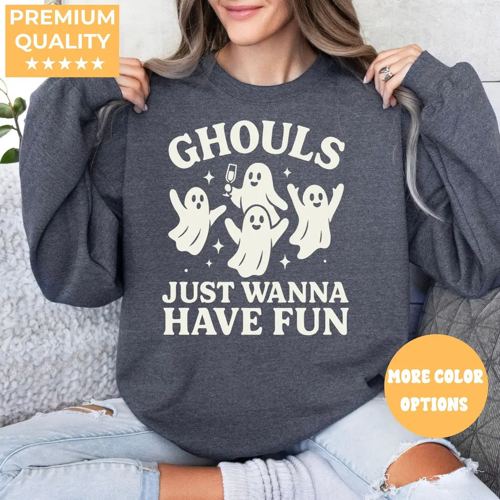 Dark Heather Crewneck sweatshirt with Girls Trip Halloween design, hero view.