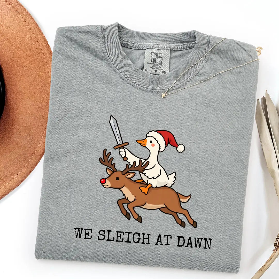Comfort Colors 1717 T-shirt with We Sleigh at Dawn Goose design worn by a model view 7
