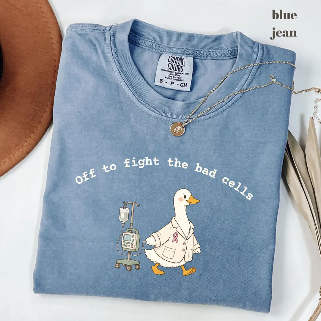 Blue Jean Comfort Colors 1717 T-shirt with Off to Fight the Bad Cells design worn by a model